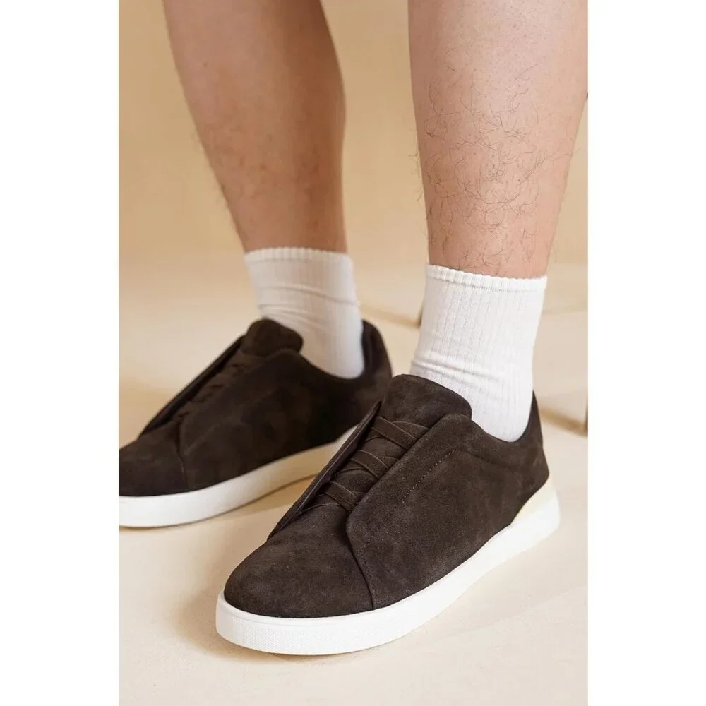 ⚡ Men Chocolate Brown Genuine Suede Faux Leather Memory Foam Insole Sneaker